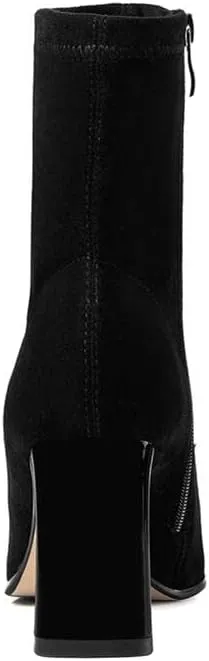 TinaCus Women's Genuine Leather Handmade Stretch Side Zip Up Décor Crystal Pointed Toe High Block Heel Ankle Boots