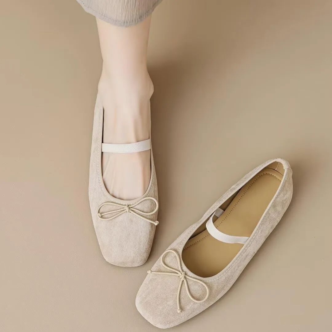 TN TANGNEST Leather Flats for Women Comfortable Square Toe Bowknot Ballet Flats Retro Slip On Mary Jane Flats