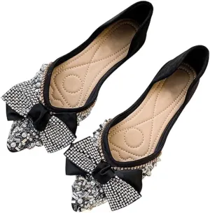 TN TANGNEST Womens Ballet Flats Fashion Bowknot Pointed Toe Flats Shiny Rhinestone Flats Comfort Slip On Dress Shoes Black 38(6.5)