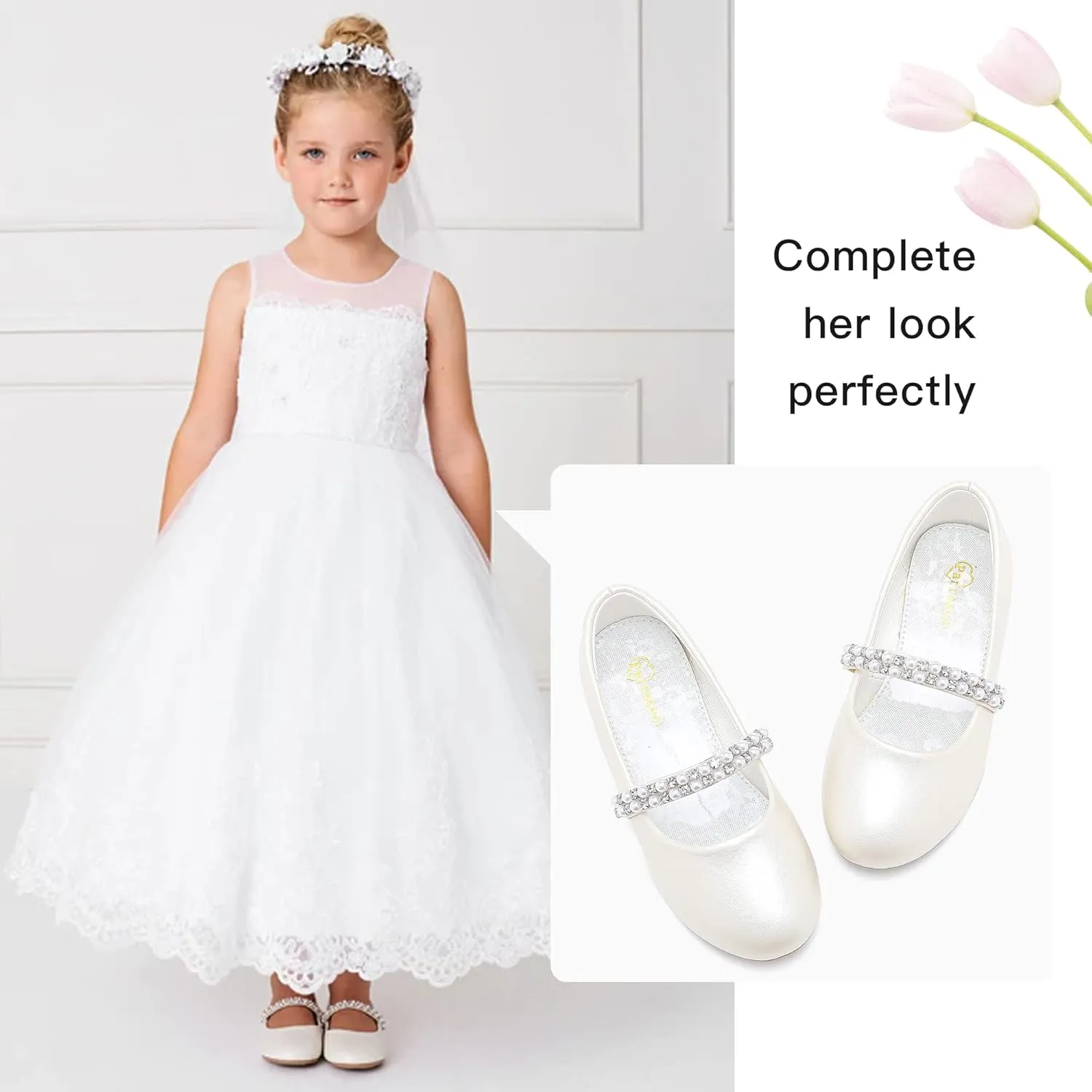 Toddler Girls Dress Shoes - Black Floral Mary Jane Flats for Girls - Water Resistant - All Seasons - Casual - Wedding, Dance, Daily Wear