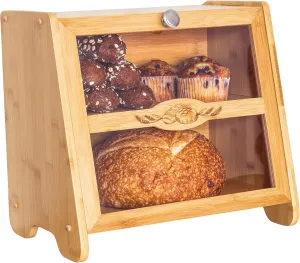 Totally Bamboo Double Layer Farmhouse Bread Box with Window for Kitchen Counter, Large Capacity Storage Container for Bread Loaves, Muffins, Bagels, Rolls and More