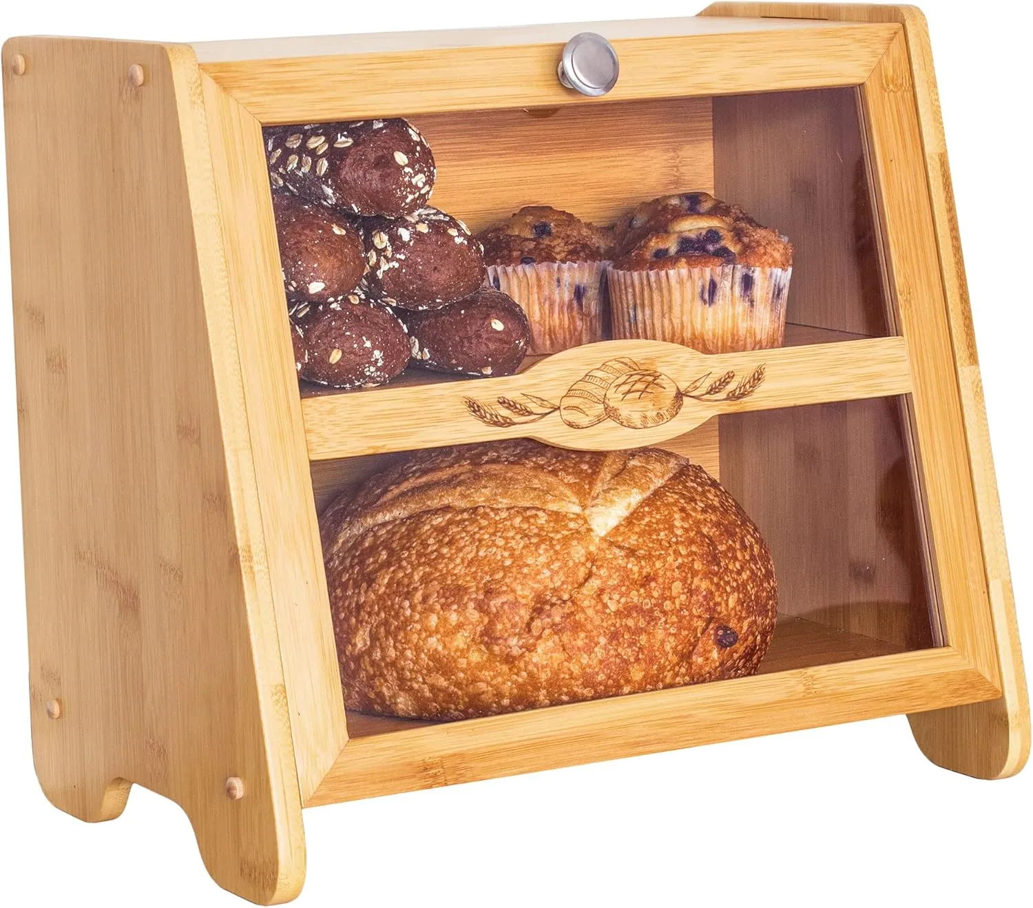Totally Bamboo Double Layer Farmhouse Bread Box with Window for Kitchen Counter, Large Capacity Storage Container for Bread Loaves, Muffins, Bagels, Rolls and More