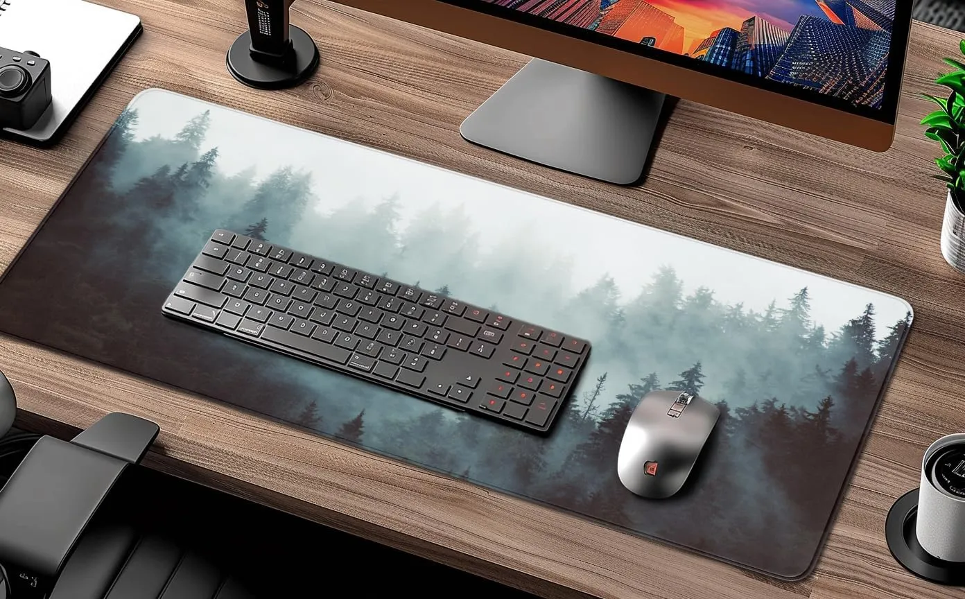 Trees Mouse Pad, Misty Forest Desk Mat, Nature Foggy Landscape Keyboard Mat, Waterproof Mousepad, Non-Slip Stitched Edge for Gaming, Pine Trees Computer Mat, 31.5 X 11.8 Inch, 3mm Thick