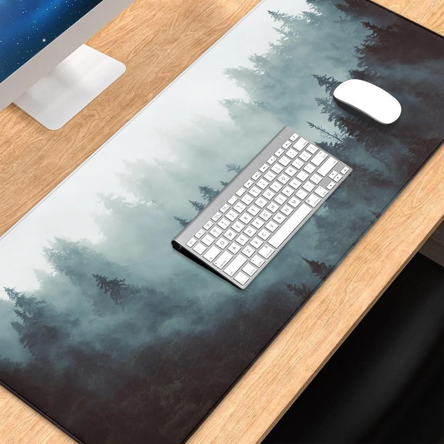 Trees Mouse Pad, Misty Forest Desk Mat, Nature Foggy Landscape Keyboard Mat, Waterproof Mousepad, Non-Slip Stitched Edge for Gaming, Pine Trees Computer Mat, 31.5 X 11.8 Inch, 3mm Thick