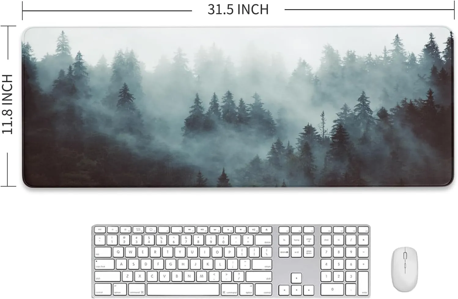 Trees Mouse Pad, Misty Forest Desk Mat, Nature Foggy Landscape Keyboard Mat, Waterproof Mousepad, Non-Slip Stitched Edge for Gaming, Pine Trees Computer Mat, 31.5 X 11.8 Inch, 3mm Thick