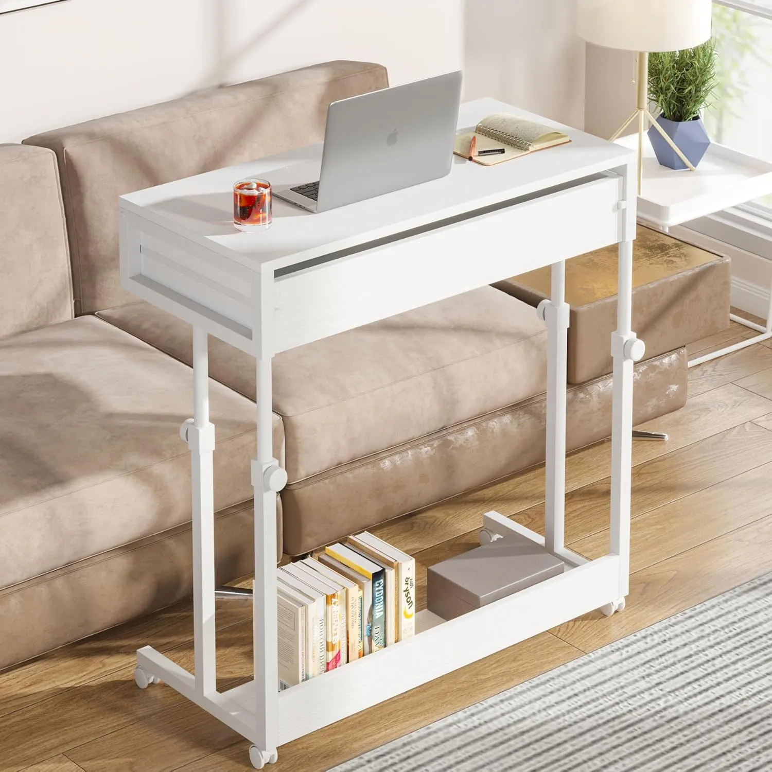 Tribesigns Portable Desk with Drawers, Mobile Laptop Desk with Wheels, Sofa Side Table Bed Desks, Small Standing Desk for Home Office (White)