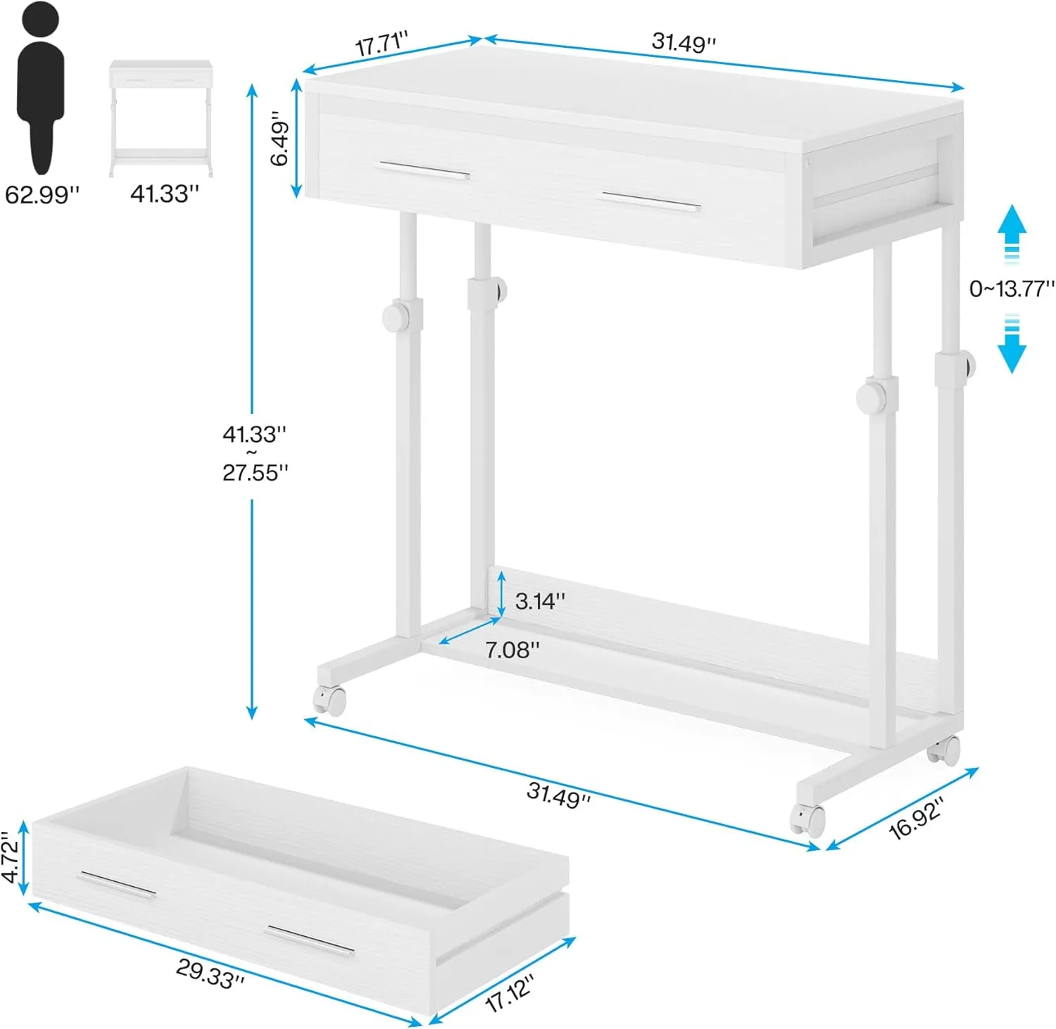 Tribesigns Portable Desk with Drawers, Mobile Laptop Desk with Wheels, Sofa Side Table Bed Desks, Small Standing Desk for Home Office (White)