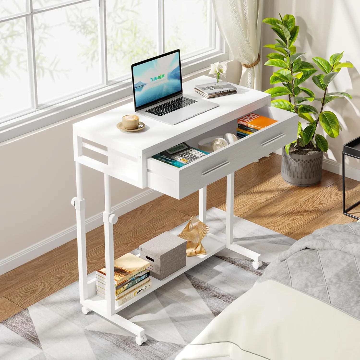 Tribesigns Portable Desk with Drawers, Mobile Laptop Desk with Wheels, Sofa Side Table Bed Desks, Small Standing Desk for Home Office (White)