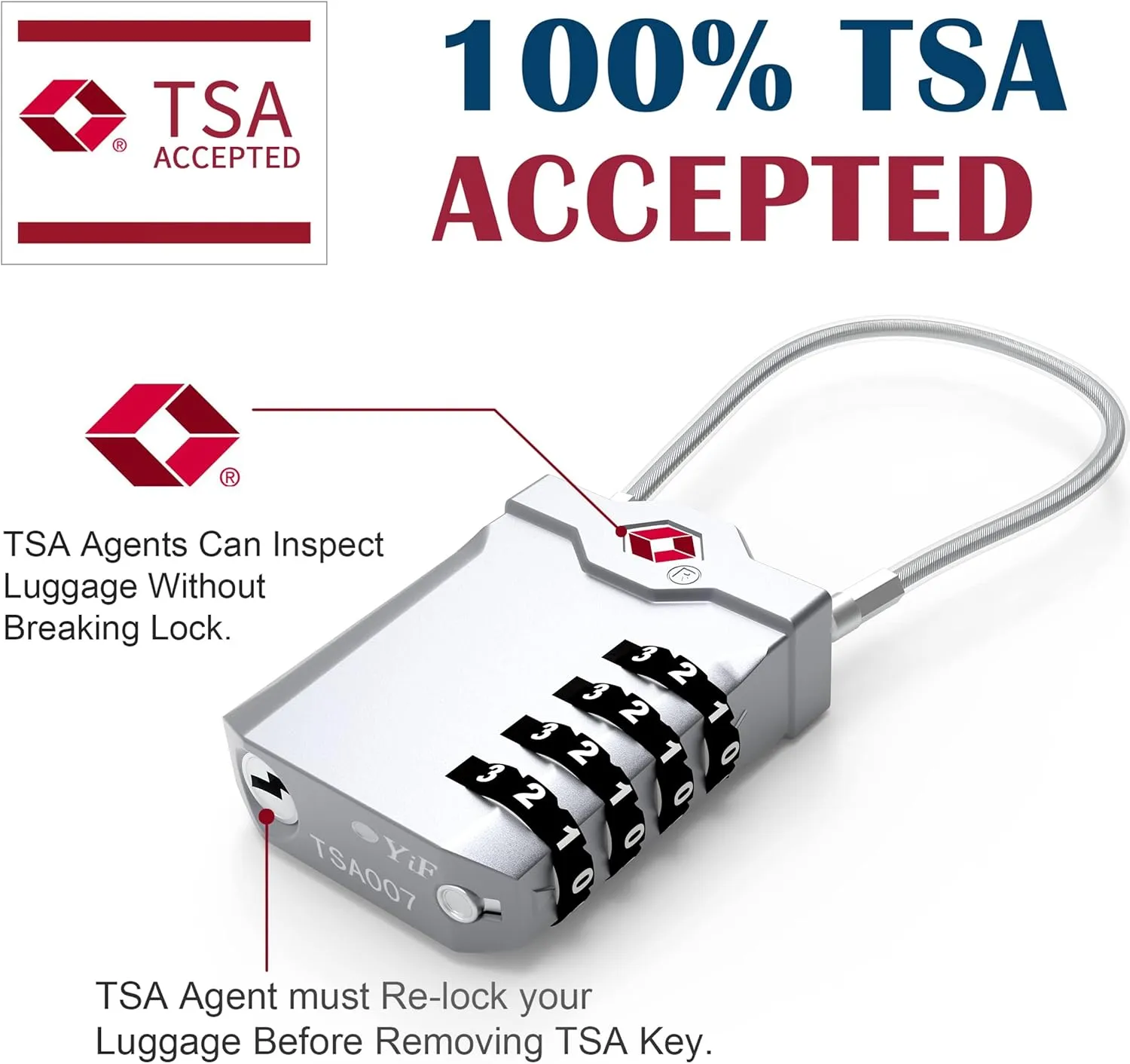 TSA Approved Locks for Luggage, 2 Pack Combination Travel Steel Cable Lock, Re-settable 4 Digit Padlocks with Inspection Indicator, Alloy Body Keyless Padlock for Lockers, Backpacks, Bags - Silver