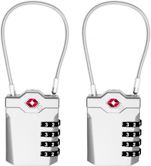 TSA Approved Locks for Luggage, 2 Pack Combination Travel Steel Cable Lock, Re-settable 4 Digit Padlocks with Inspection Indicator, Alloy Body Keyless Padlock for Lockers, Backpacks, Bags - Silver