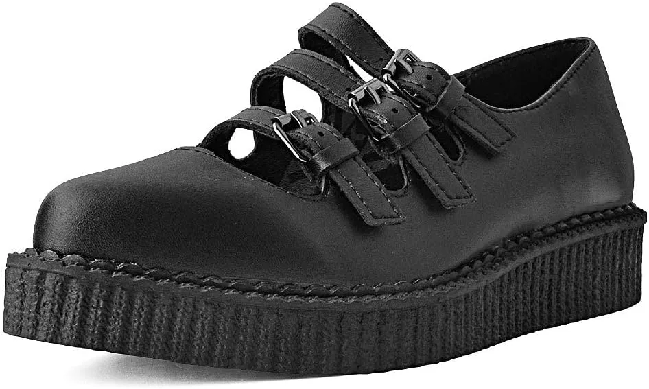 T.U.K. Shoes Black TUKskin Pointed 3-Strap Ankle Round Toe Oxford Sneaker Flats Mary Janes for Women
