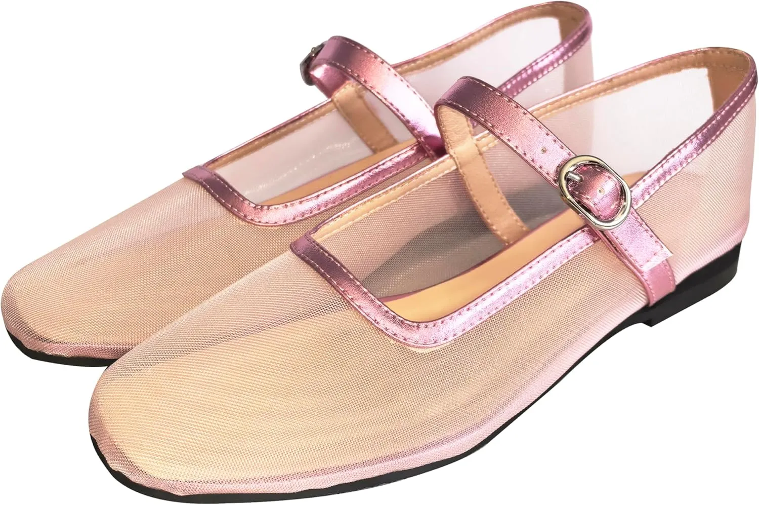 Tulle Mesh Ballet Flats for Women Slingback Square Toe Buckle Strap Slip On Fishnet Ballerina Shoes Casual Comfortable Dress Mary Jane Flat Sandals Leather
