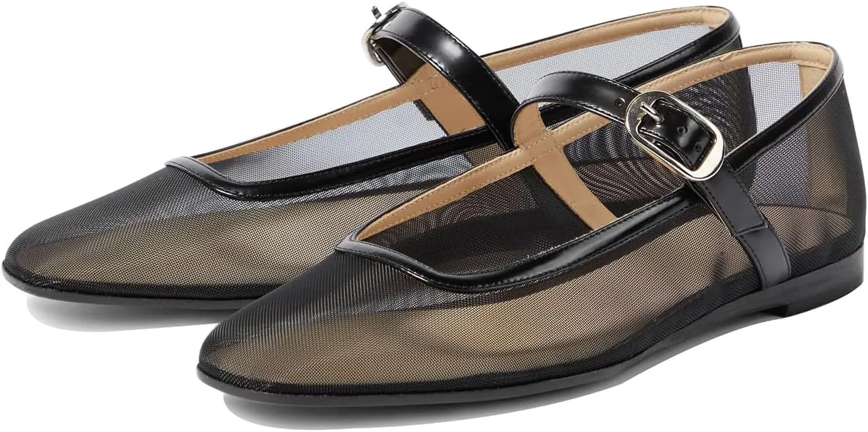 Tulle Mesh Ballet Flats for Women Slingback Square Toe Buckle Strap Slip On Fishnet Ballerina Shoes Casual Comfortable Dress Mary Jane Flat Sandals Leather
