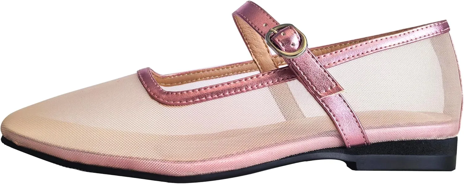 Tulle Mesh Ballet Flats for Women Slingback Square Toe Buckle Strap Slip On Fishnet Ballerina Shoes Casual Comfortable Dress Mary Jane Flat Sandals Leather