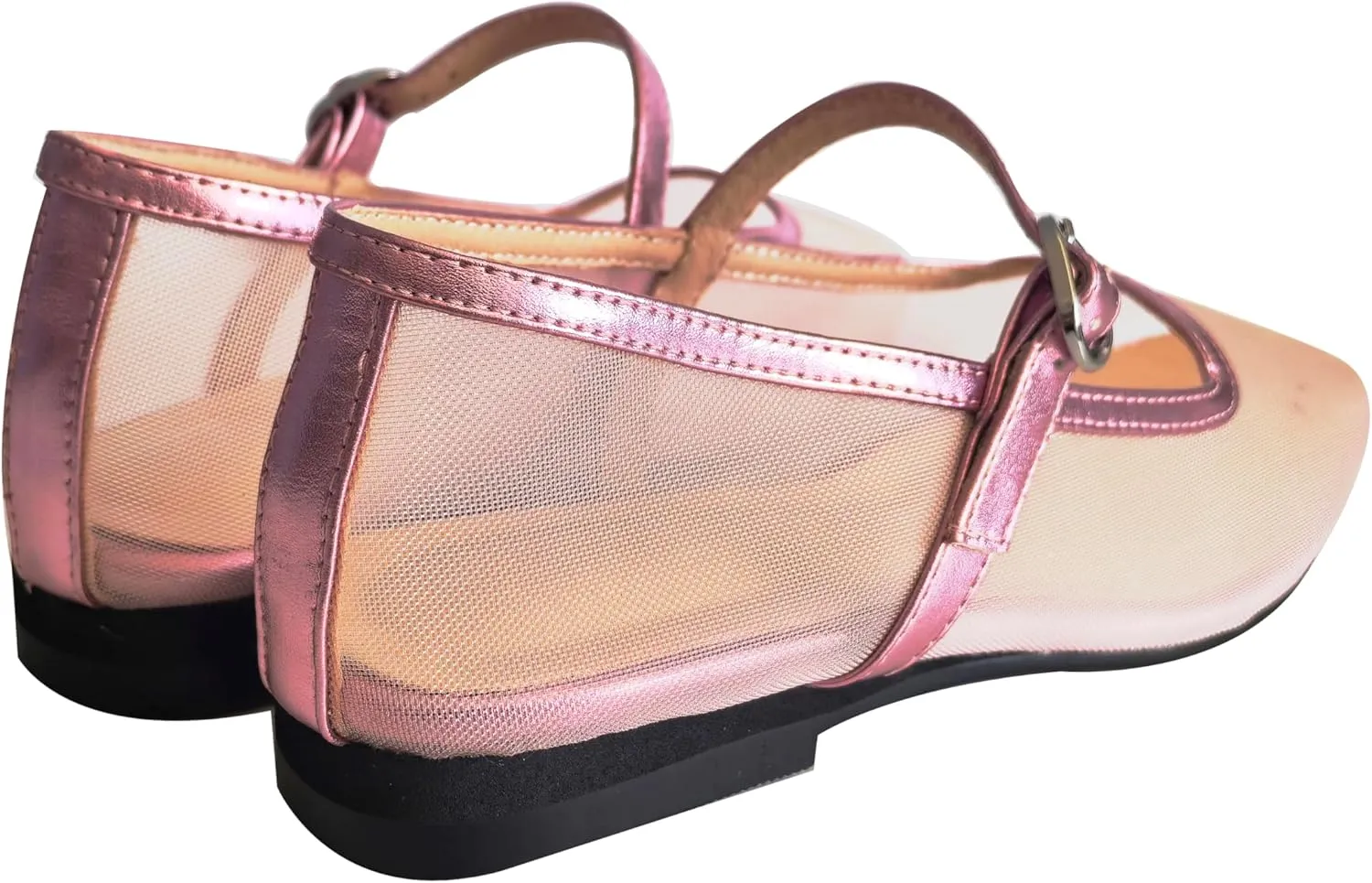 Tulle Mesh Ballet Flats for Women Slingback Square Toe Buckle Strap Slip On Fishnet Ballerina Shoes Casual Comfortable Dress Mary Jane Flat Sandals Leather
