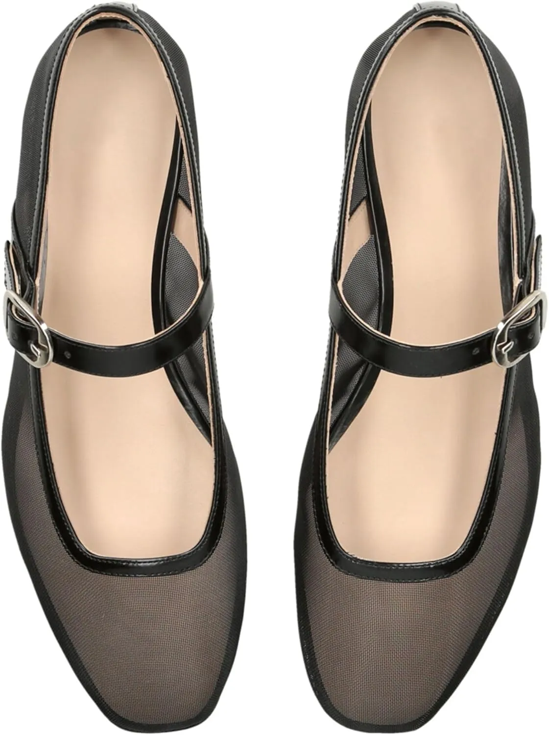 Tulle Mesh Ballet Flats for Women Slingback Square Toe Buckle Strap Slip On Fishnet Ballerina Shoes Casual Comfortable Dress Mary Jane Flat Sandals Leather
