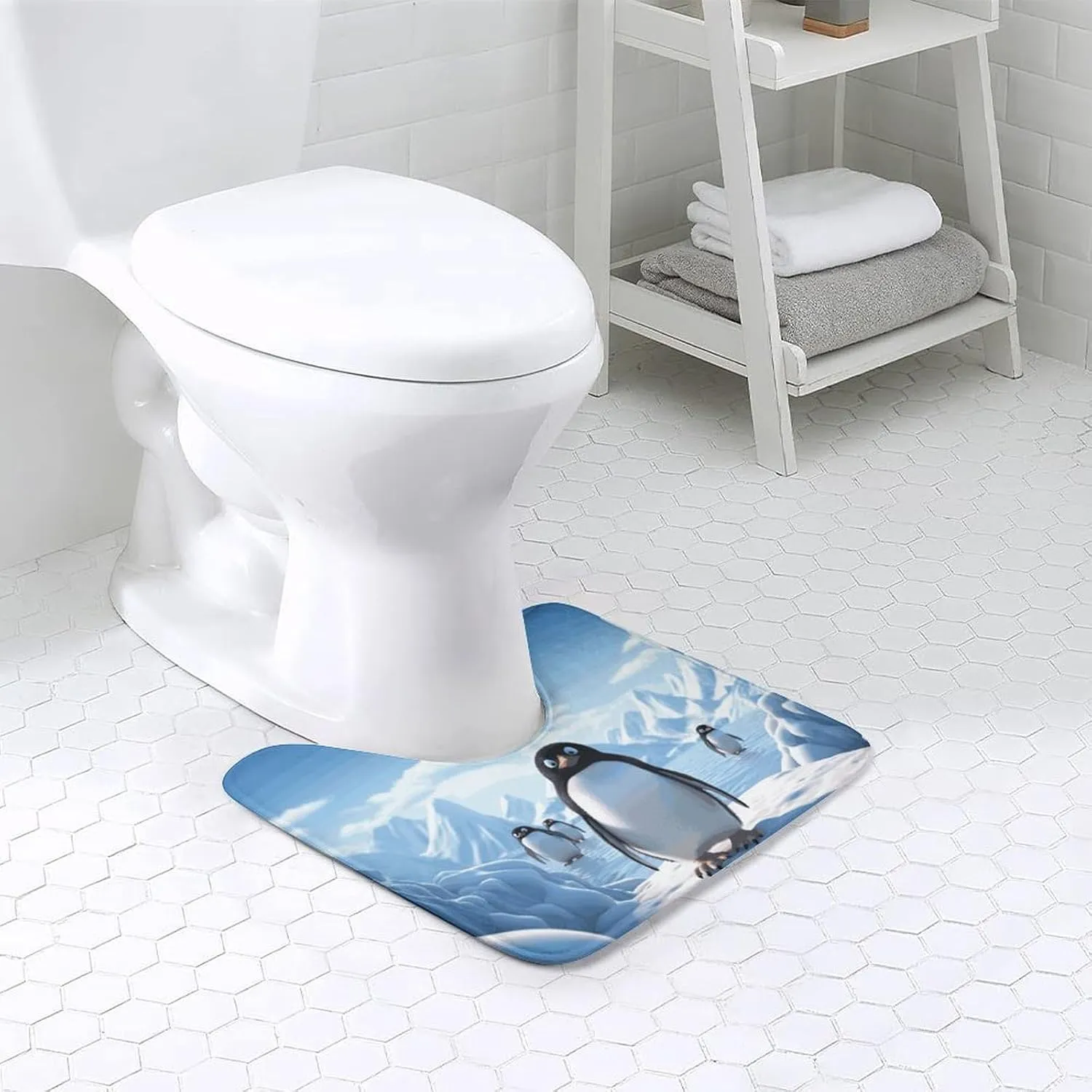 U-Shaped Bathroom Toilet Rug Super Absorbent Toilet Rug Non-Slip Quick Dry Penguin Antarctica Ice U Shape Bathroom Rugs Waterproof Bath Room Floor Mat, Ultra-Thin Easy Clean Bath Rugs 16x20 Inch