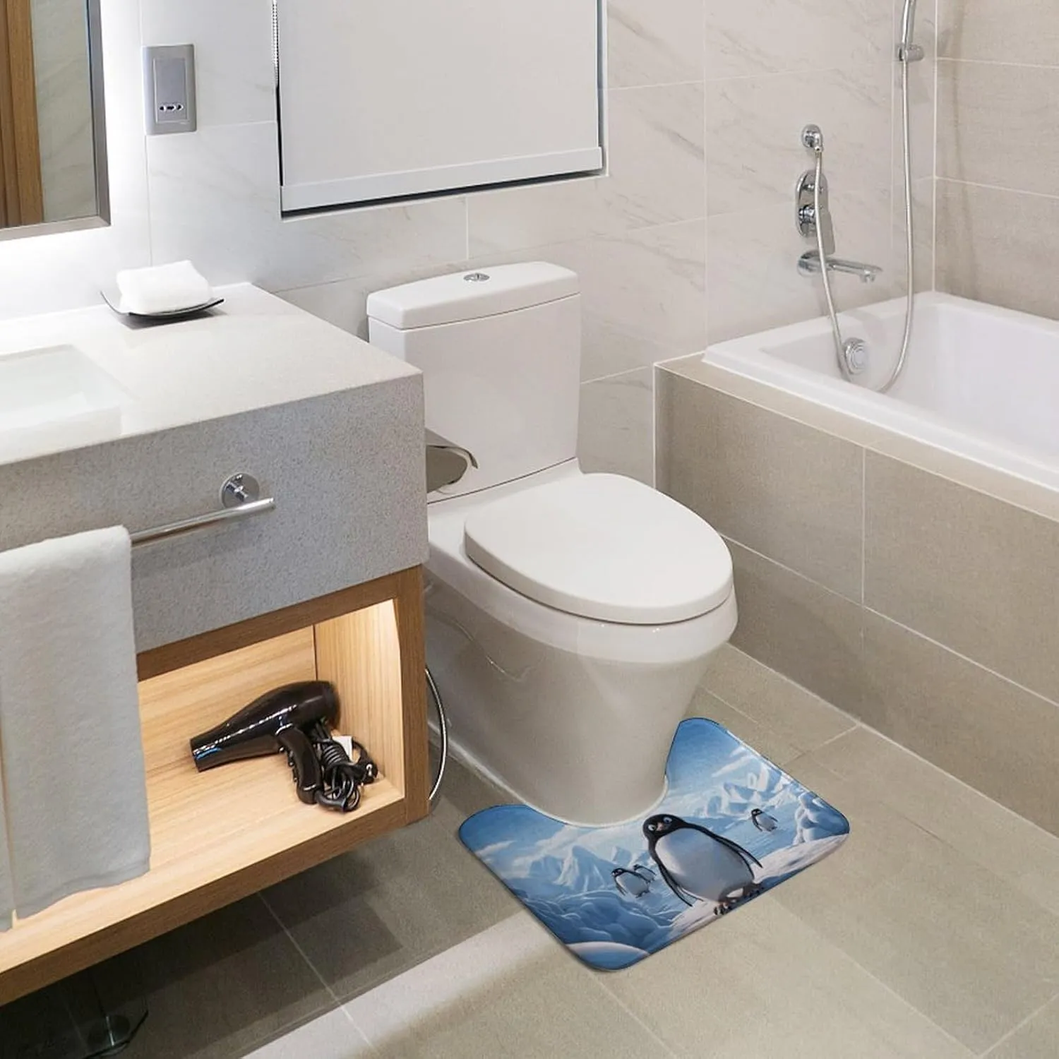 U-Shaped Bathroom Toilet Rug Super Absorbent Toilet Rug Non-Slip Quick Dry Penguin Antarctica Ice U Shape Bathroom Rugs Waterproof Bath Room Floor Mat, Ultra-Thin Easy Clean Bath Rugs 16x20 Inch