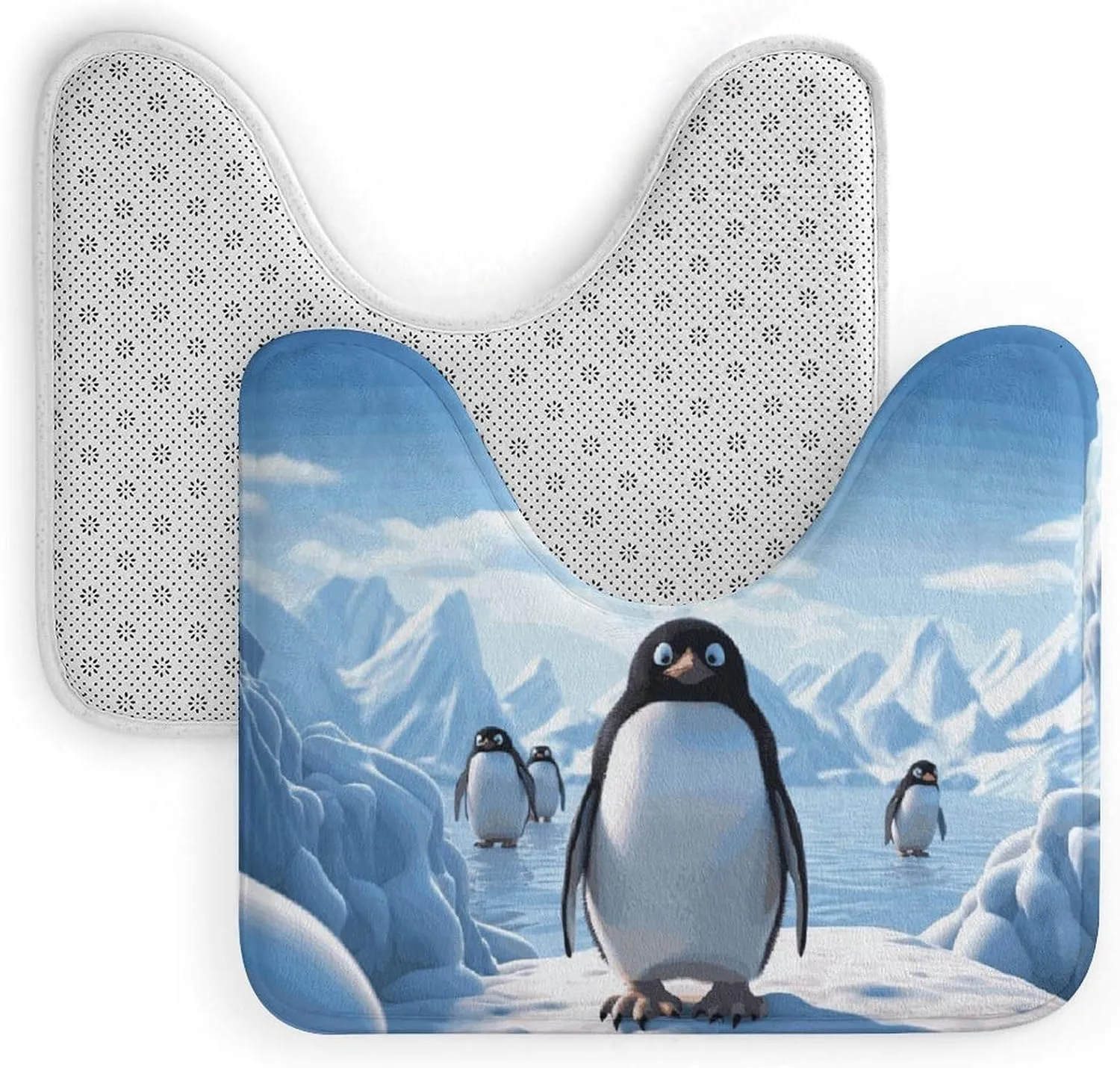 U-Shaped Bathroom Toilet Rug Super Absorbent Toilet Rug Non-Slip Quick Dry Penguin Antarctica Ice U Shape Bathroom Rugs Waterproof Bath Room Floor Mat, Ultra-Thin Easy Clean Bath Rugs 16x20 Inch