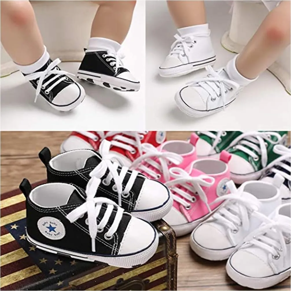 Unisex Baby Soft Sole Sneakers, Canvas Denim High Top, Newborn Infant First Walkers