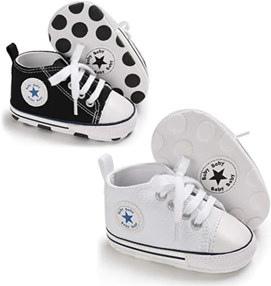 Unisex Baby Soft Sole Sneakers, Canvas Denim High Top, Newborn Infant First Walkers