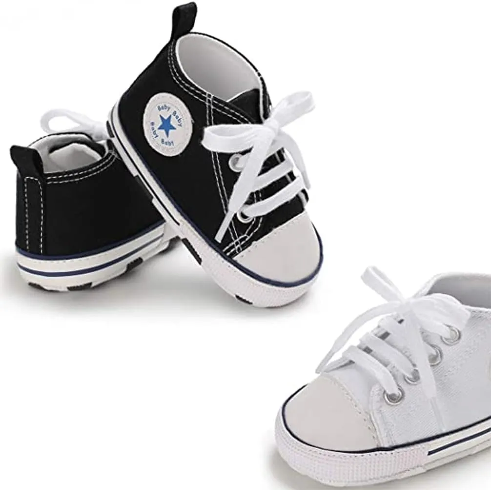 Unisex Baby Soft Sole Sneakers, Canvas Denim High Top, Newborn Infant First Walkers