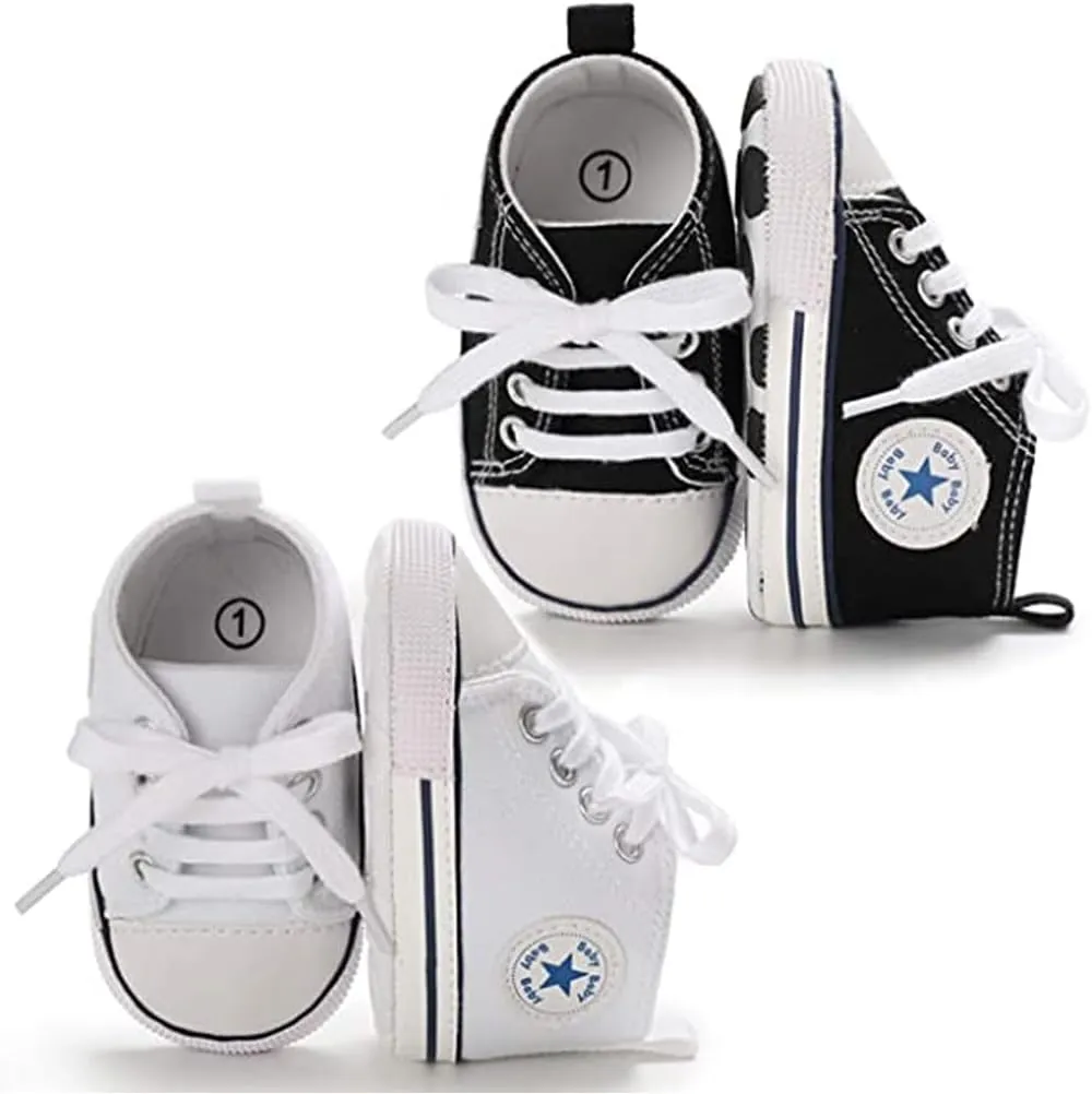 Unisex Baby Soft Sole Sneakers, Canvas Denim High Top, Newborn Infant First Walkers