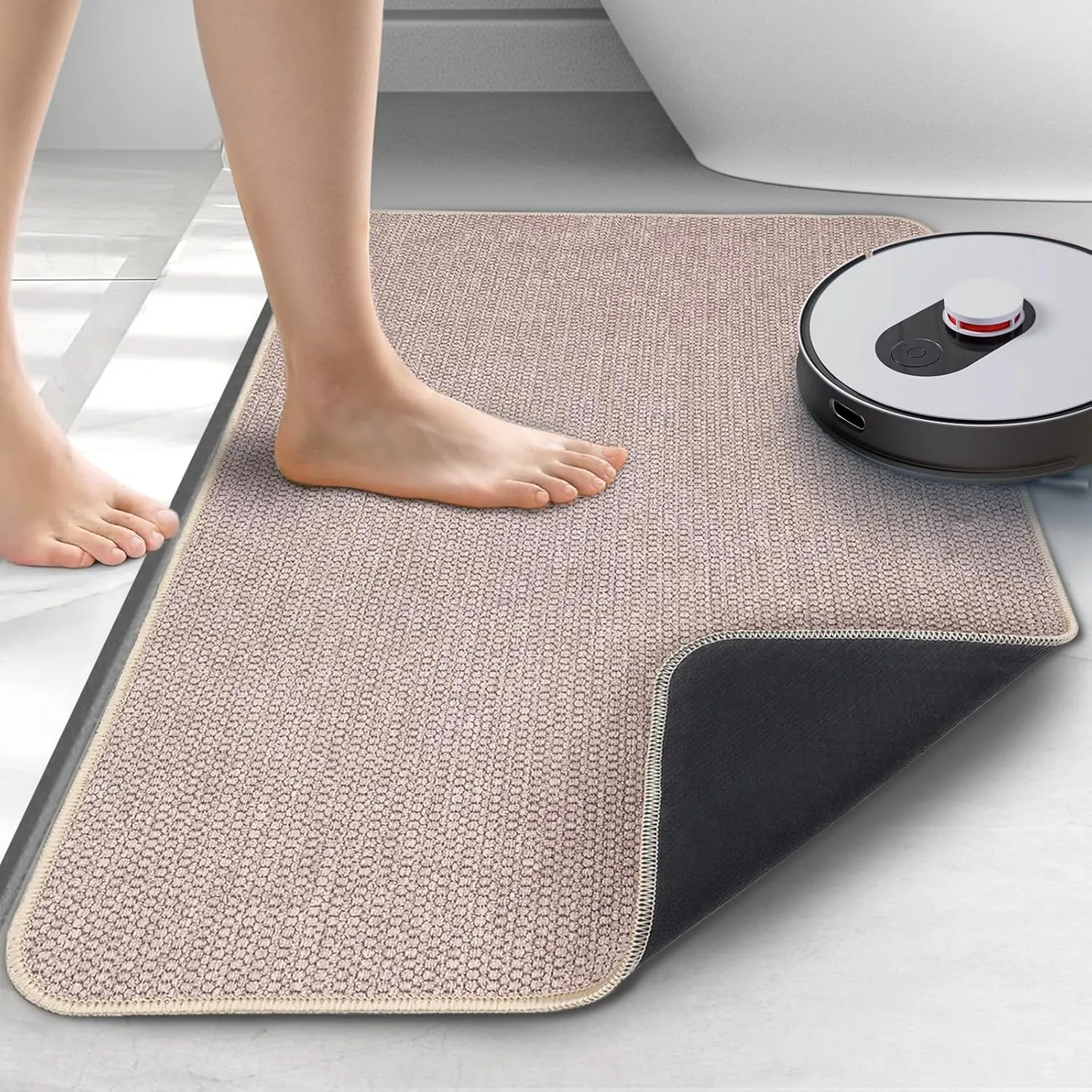 Upgraded Thin Bathroom Rugs, Bath Mat Super Absorbent, Bath Rugs Rubber Backing Non-Slip, Quick Dry Machine Washable, Cozy Cloth Bathroom Mat fit Under Door/Sink/ Bathtub/Area Rug Sets 17''x27''-Biege