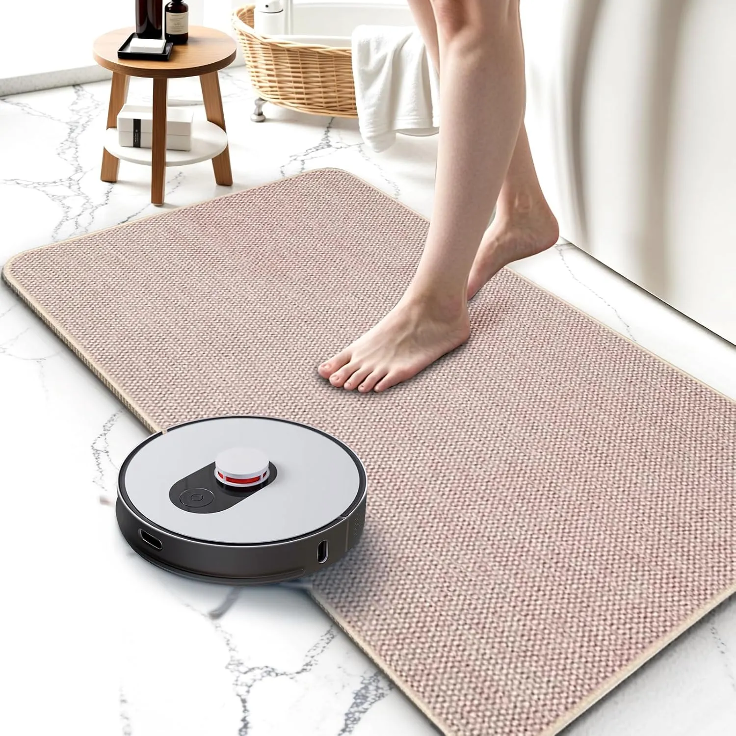 Upgraded Thin Bathroom Rugs, Bath Mat Super Absorbent, Bath Rugs Rubber Backing Non-Slip, Quick Dry Machine Washable, Cozy Cloth Bathroom Mat fit Under Door/Sink/ Bathtub/Area Rug Sets 17''x27''-Biege