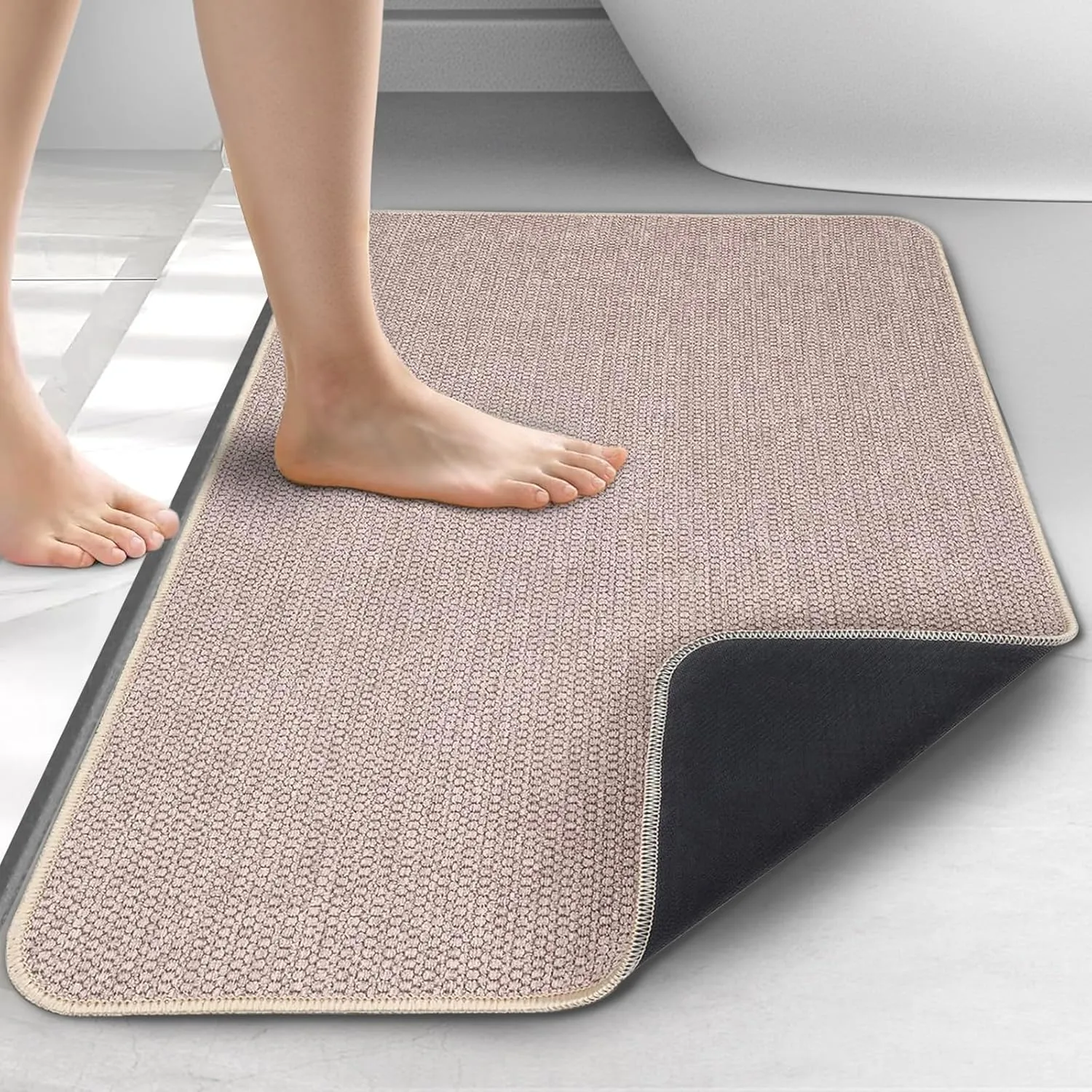 Upgraded Thin Bathroom Rugs, Bath Mat Super Absorbent, Bath Rugs Rubber Backing Non-Slip, Quick Dry Machine Washable, Cozy Cloth Bathroom Mat fit Under Door/Sink/ Bathtub/Area Rug Sets 17''x27''-Biege