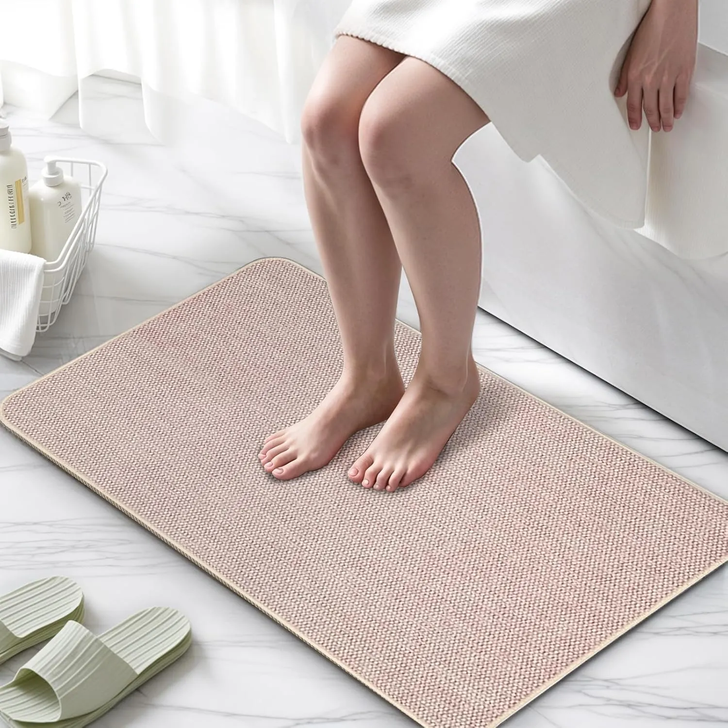 Upgraded Thin Bathroom Rugs, Bath Mat Super Absorbent, Bath Rugs Rubber Backing Non-Slip, Quick Dry Machine Washable, Cozy Cloth Bathroom Mat fit Under Door/Sink/ Bathtub/Area Rug Sets 17''x27''-Biege