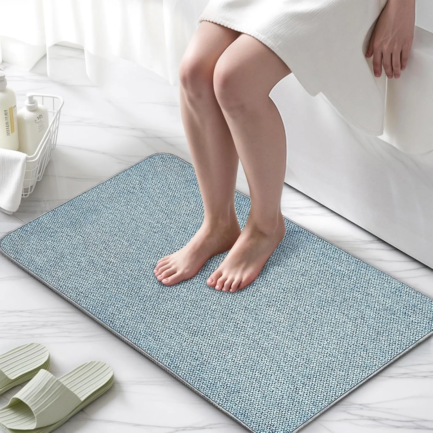 Upgraded Thin Bathroom Rugs, Bath Mat Super Absorbent, Bath Rugs Rubber Backing Non-Slip, Quick Dry Machine Washable, Cozy Cloth Bathroom Mat fit Under Door/Sink/ Bathtub/Area Rug Sets 17''x27''-Blue
