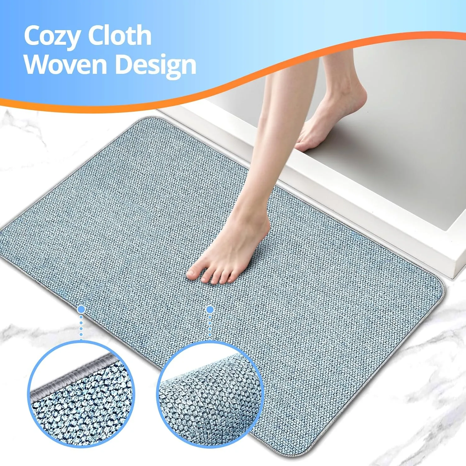 Upgraded Thin Bathroom Rugs, Bath Mat Super Absorbent, Bath Rugs Rubber Backing Non-Slip, Quick Dry Machine Washable, Cozy Cloth Bathroom Mat fit Under Door/Sink/ Bathtub/Area Rug Sets 17''x27''-Blue