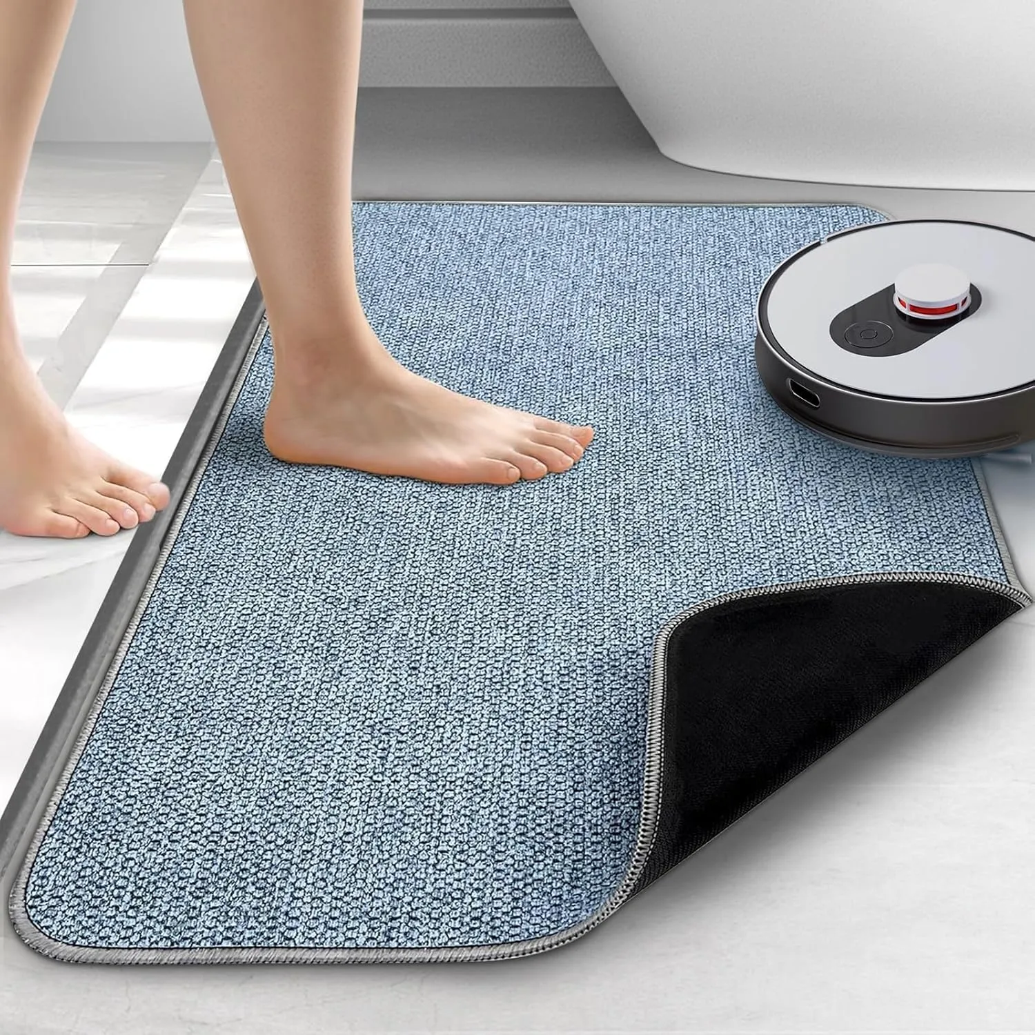 Upgraded Thin Bathroom Rugs, Bath Mat Super Absorbent, Bath Rugs Rubber Backing Non-Slip, Quick Dry Machine Washable, Cozy Cloth Bathroom Mat fit Under Door/Sink/ Bathtub/Area Rug Sets 17''x27''-Blue