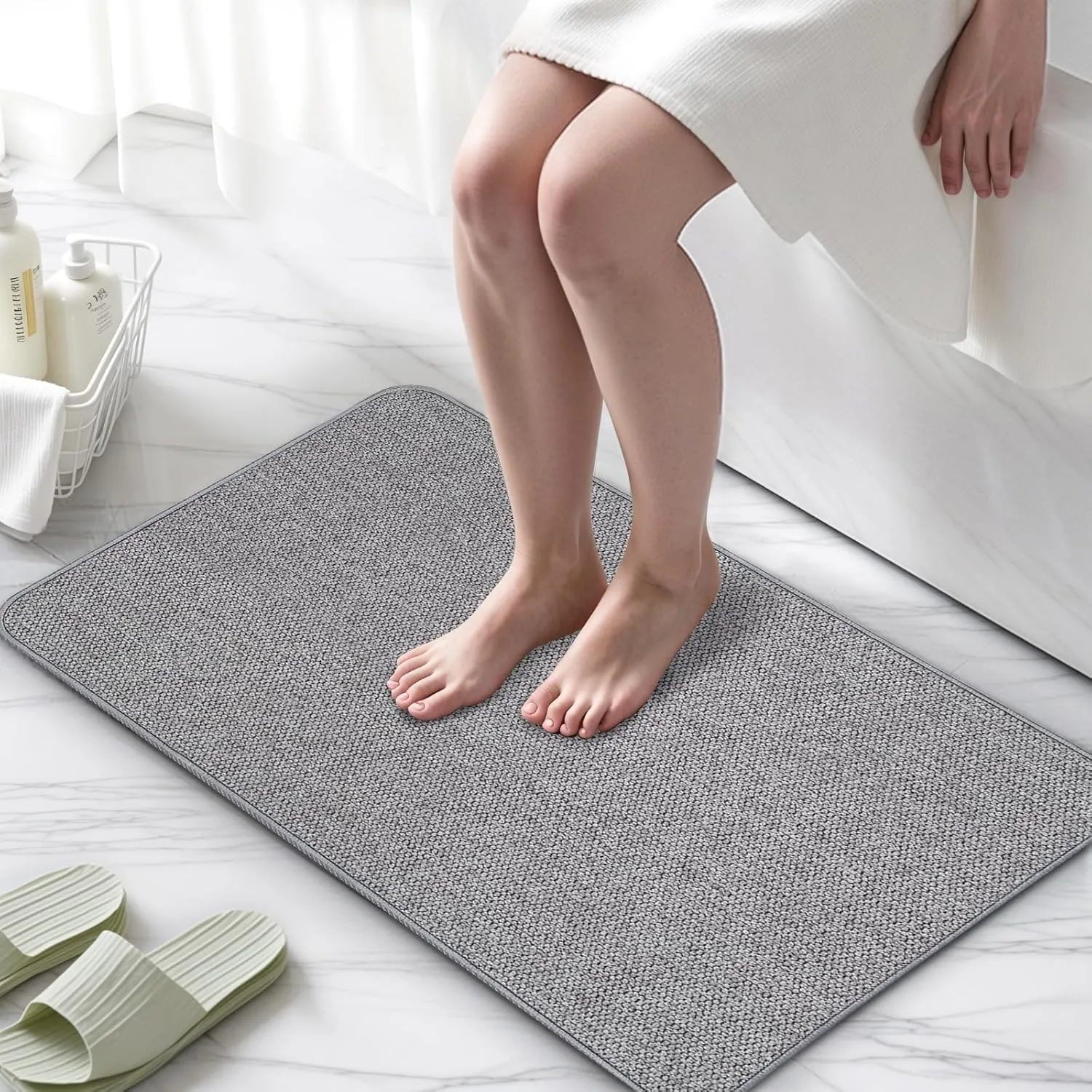 Upgraded Thin Bathroom Rugs, Bath Mat Super Absorbent, Bath Rugs Rubber Backing Non-Slip, Quick Dry Machine Washable, Cozy Cloth Bathroom Mat fit Under Door/Sink/ Bathtub/Floor/Shower 24''x36''-Gray