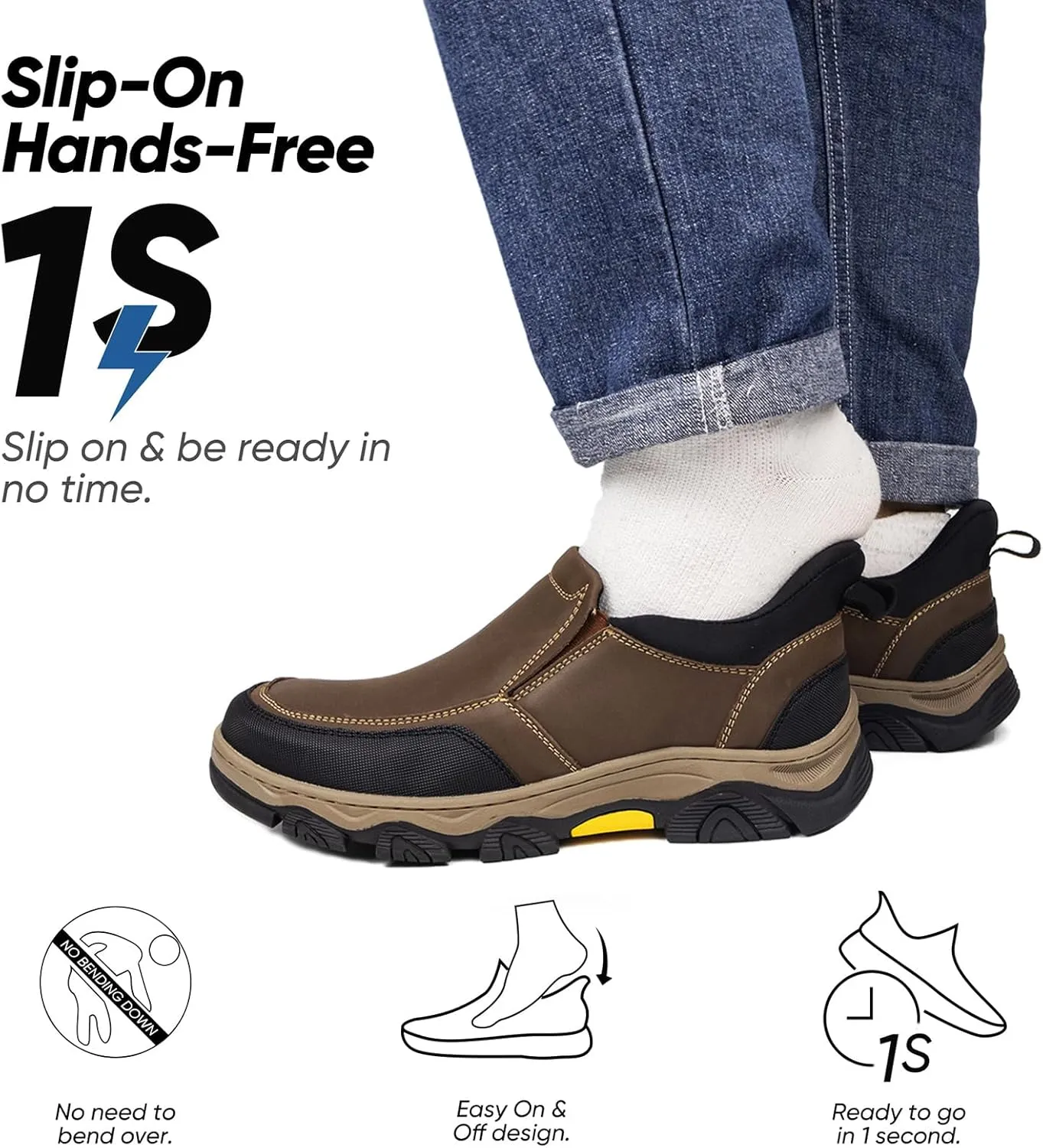 UPIShi Men's Slip On Hands Free Waterproof Work Loafers Leather Walking Slip-Ins Casual Outdoor Office Business Cushioning Shoes