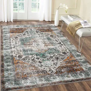 Vintage Distressed Area Rug, 10' x 13', Washable, Non-Slip, Lightweight, Thin, Brick Red, Indoor Floor Cover for Bedroom, Living Room, Dining Room
