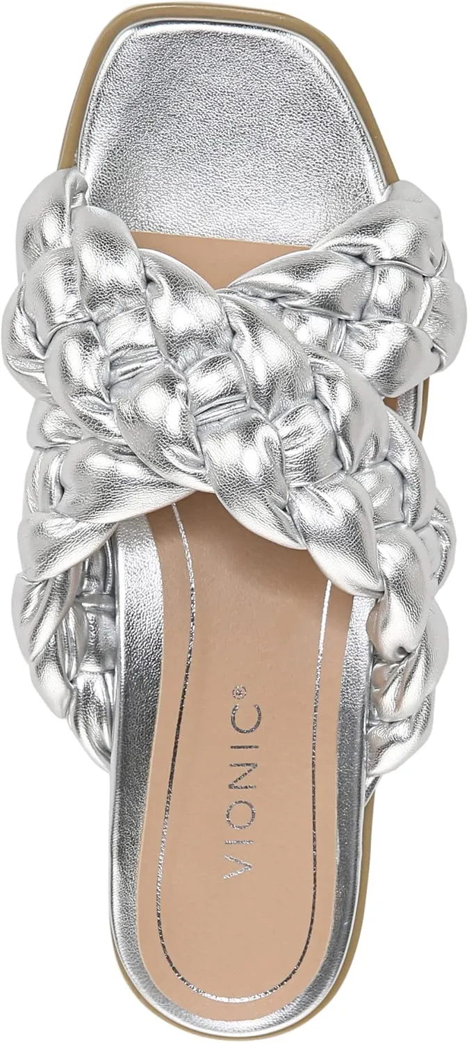 Vionic Women's Poppy Braided Vio-Motion Insole Slide Sandal- Supportive Dressy Flat Sandals That Includes an Orthotic Insole and Cushioned Outsole for Arch Support, Medium and Wide Fit, Sizes 5-11