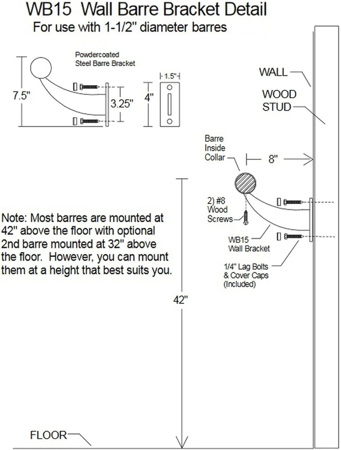 VITA Barre Wall-Mounted Single Ballet Barre, Classic WB15, Wood | Fixed Height, Made in USA, Home, Studio or Gym Exercise Equipment for Kids & Adults | Dance, Fitness, Pilates