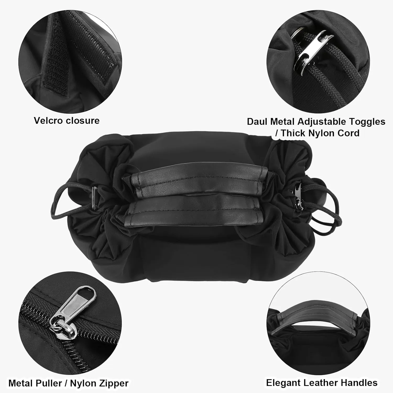 Vomgomfom 20 inch Drawstring Makeup Bag Open Flat,Waterproof Magic Cosmetic Pouch for Women (H-Black)