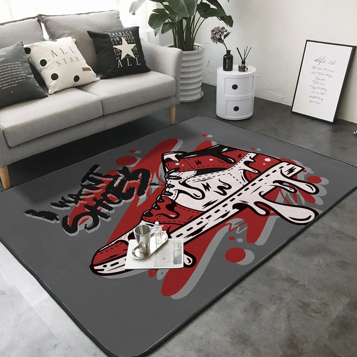 Washable Area Sponge Rug Mat for Girls Boys Bedroom Living Room Retro Basketball Shoes, Men Sneaker Sports Graffiti Non-Slip Carpet Super Soft Extra Thick Bathroom Dorm Home Indoor Small Floor Rugs