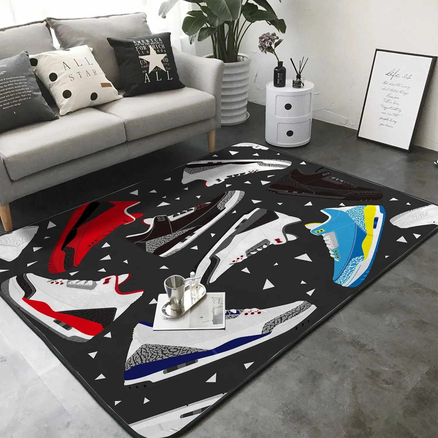 Washable Area Sponge Rug Pad for Girls Boys Bedroom Living Room Basketball Shoes, Cool Teens Sports Retro Sneaker Non-Slip Carpet Super Soft Extra Thick Bathroom Dorm Home Indoor Small Floor Rugs