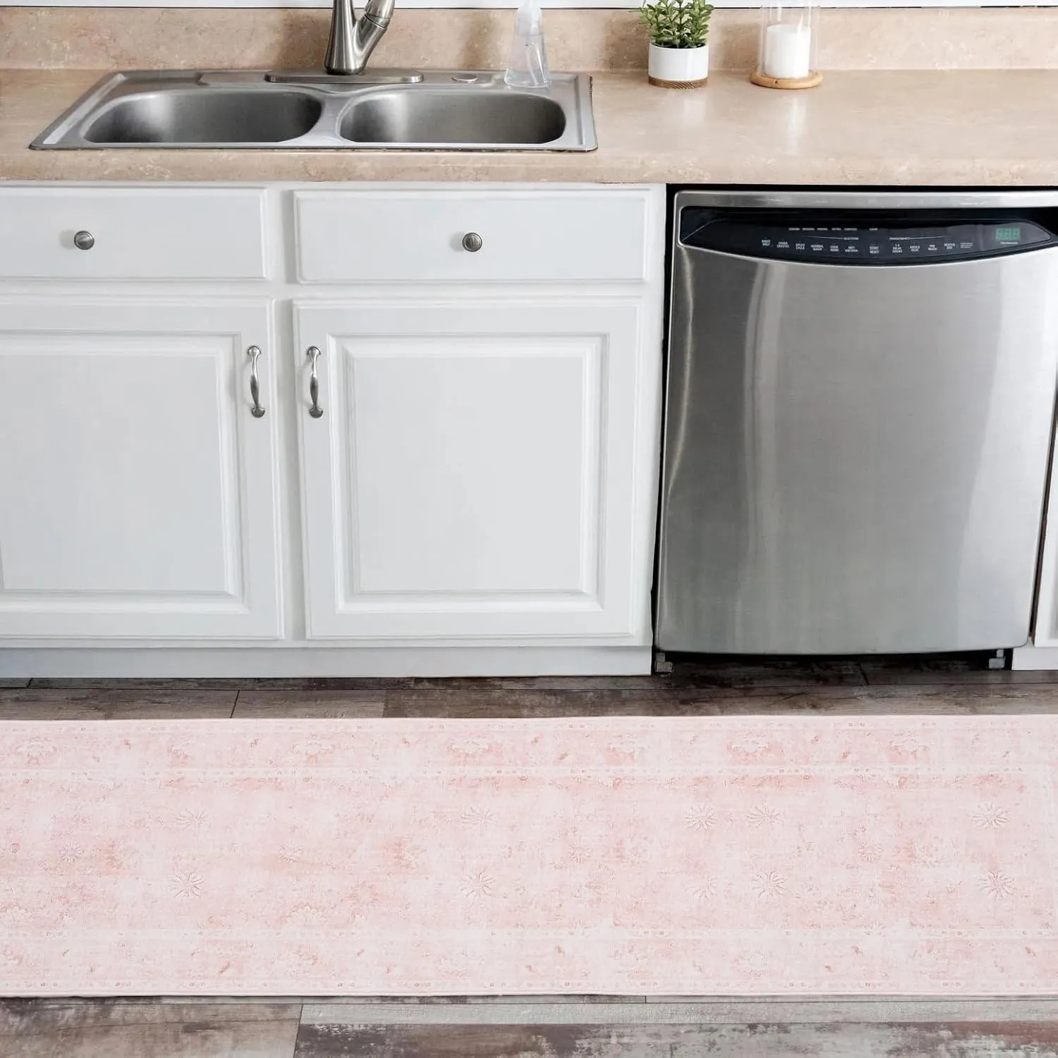 Washable Pink Runner Rug, 2x8 Non-Slip Boho Floral Rug with Rubber Backing, Stain Resistant & Low Pile Faux Wool Distressed Carpet Runner for Bedroom, Kitchen, Laundry, Entrance