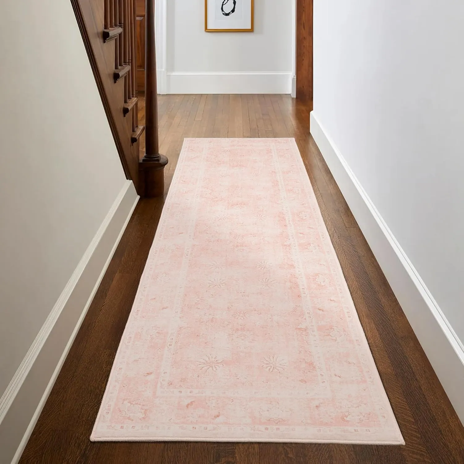 Washable Pink Runner Rug, 2x8 Non-Slip Boho Floral Rug with Rubber Backing, Stain Resistant & Low Pile Faux Wool Distressed Carpet Runner for Bedroom, Kitchen, Laundry, Entrance