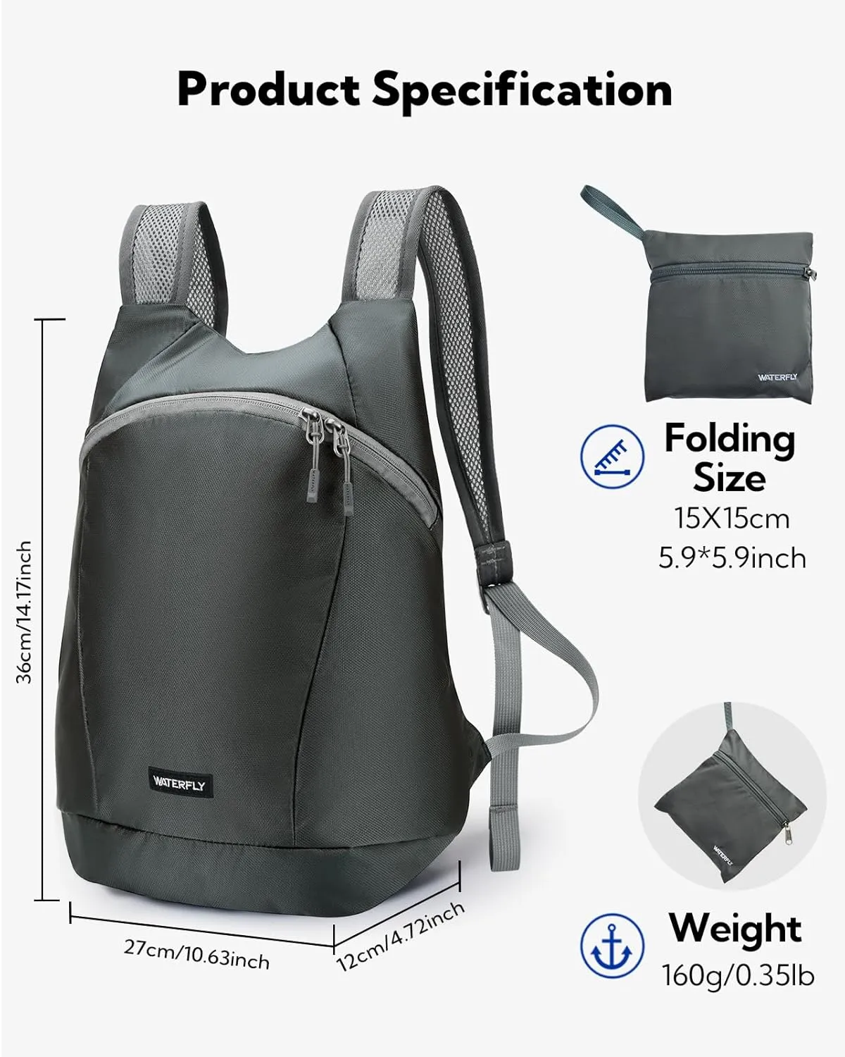 WATERFLY Foldable Lightweight Hiking Backpack: 15L Packable Traveling Daypack Men Women Ultralight Thin Casual Day Pack Bag for Outdoor Sports Camping Beach Park (Gray)