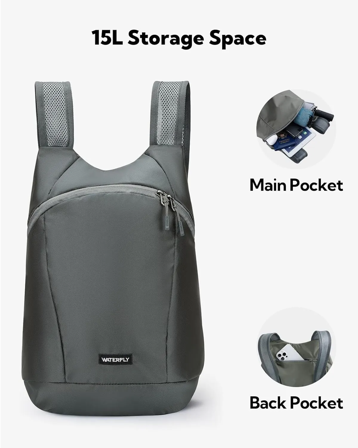 WATERFLY Foldable Lightweight Hiking Backpack: 15L Packable Traveling Daypack Men Women Ultralight Thin Casual Day Pack Bag for Outdoor Sports Camping Beach Park (Gray)