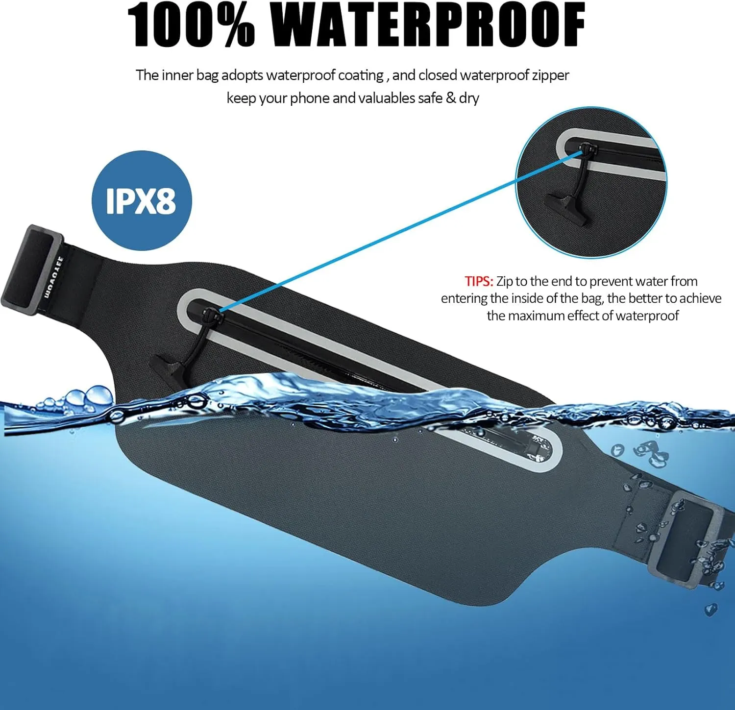 Waterproof Fanny Pack Women for Swimming Running Belt Bag Men Waist Bag Kids, Slim Hiking Waist Pack GYM Runners Exercise Workout Beach Kayaking Water Sports Dry Bags Cell Phone Pouch Black