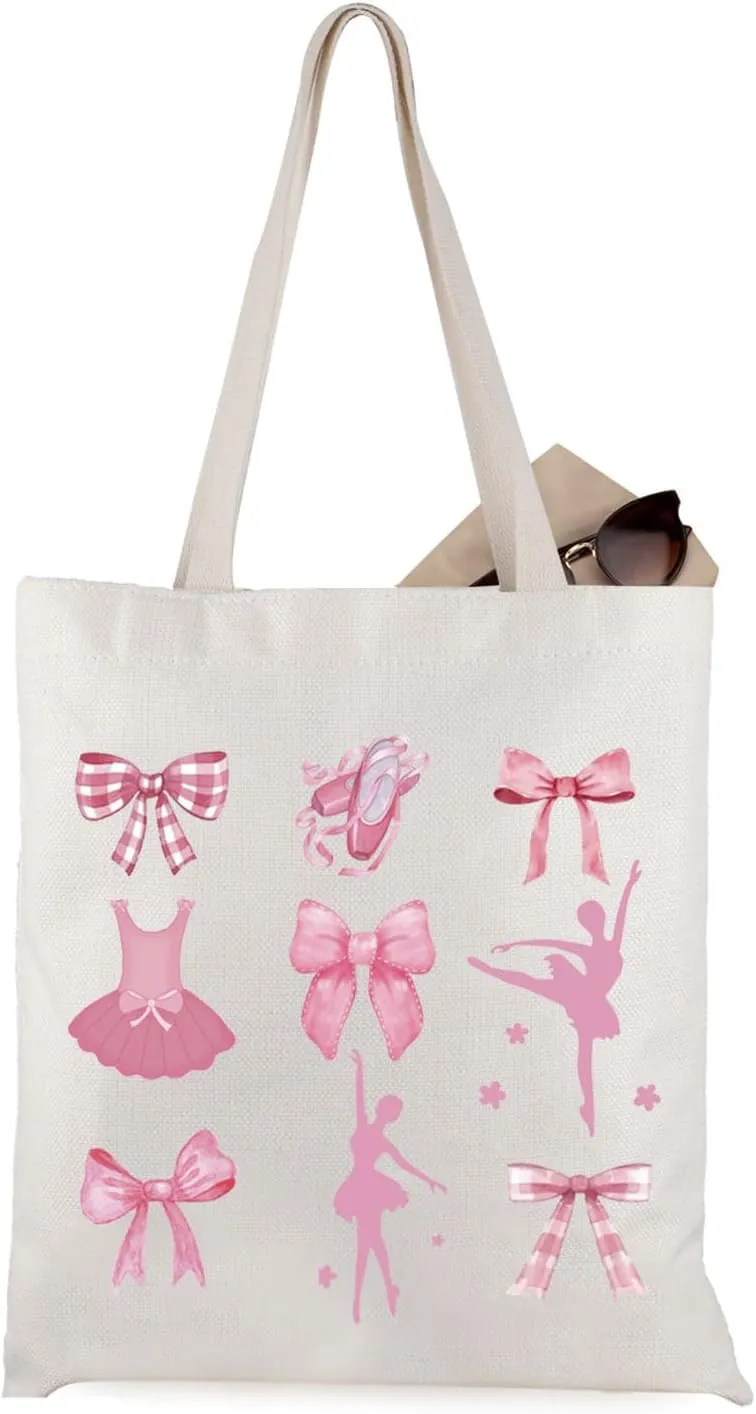 WCGXKO Ballet Dance Gift Dance Coquette Pink Bow Tote Bag Dancer Trendy Gift Dance Lover Ballet Dancing Gift