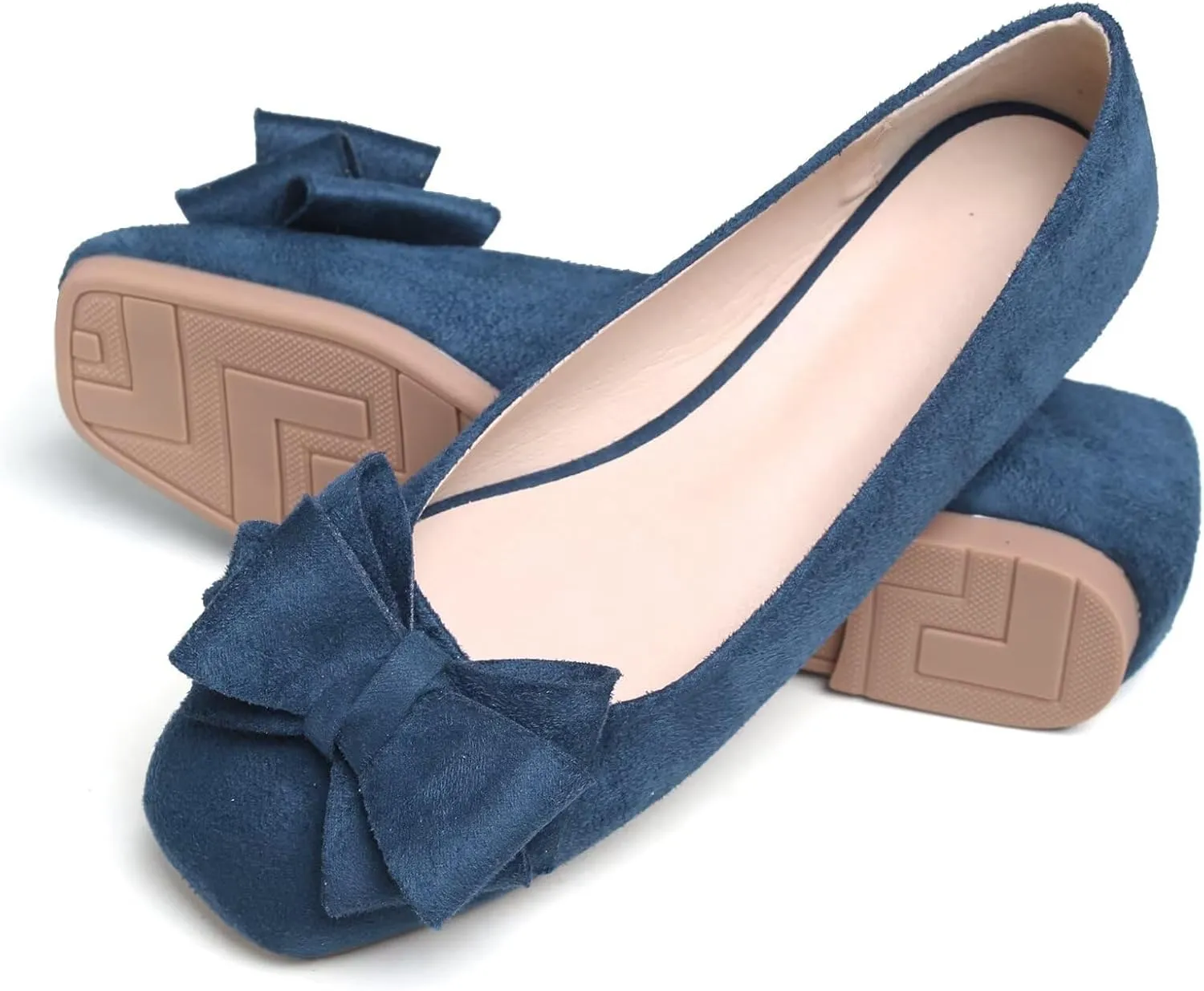 WENJIAZHIZHI Bowknot Ballet Flats Womens Square Toe Bowtie Flat Shoes Suede Dress Shoes Wear to Work Slip On Moccasins