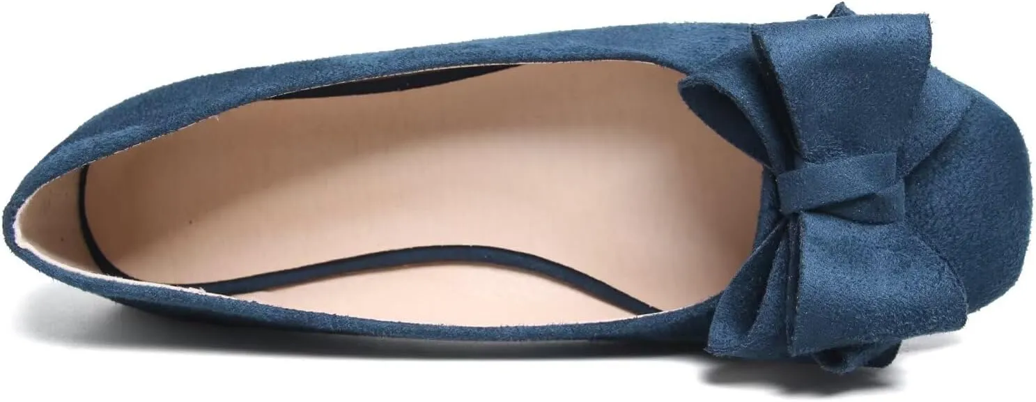 WENJIAZHIZHI Bowknot Ballet Flats Womens Square Toe Bowtie Flat Shoes Suede Dress Shoes Wear to Work Slip On Moccasins